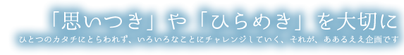 「思いつき」や「ひらめき」を大切にひとつのカタチにとらわれず、いろいろなことにチャレンジしていく、それが、ああるええ企画です。